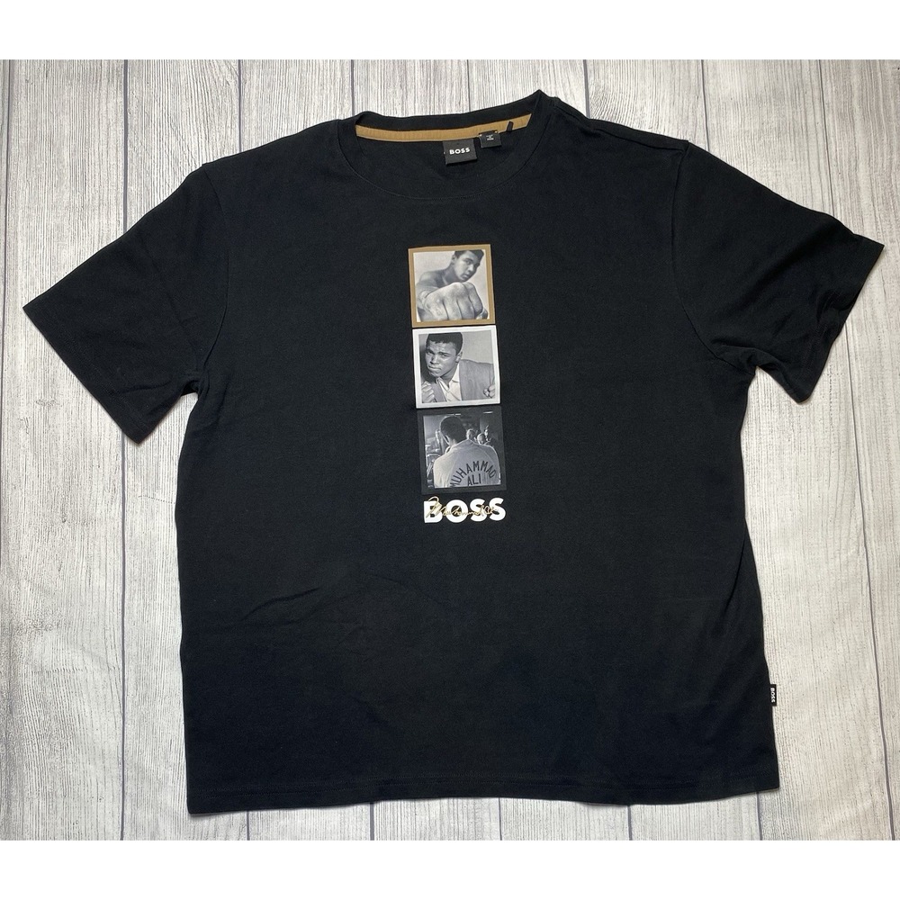 Men's Size Large BOSS x Muhammad Ali Graphic T-Shirt GOAT Boxing Cotton Black